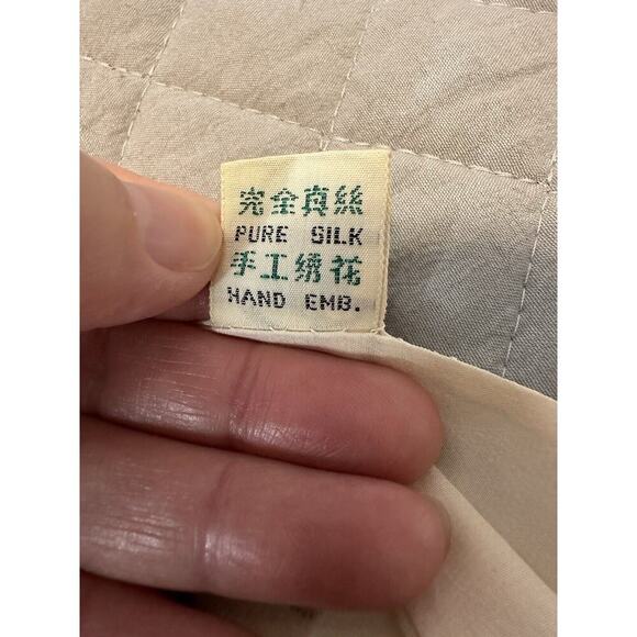 Antique Elegant Embroidered Symbol Pattern 100% Silk Scarf Chinese Beige - Picture 8 of 8